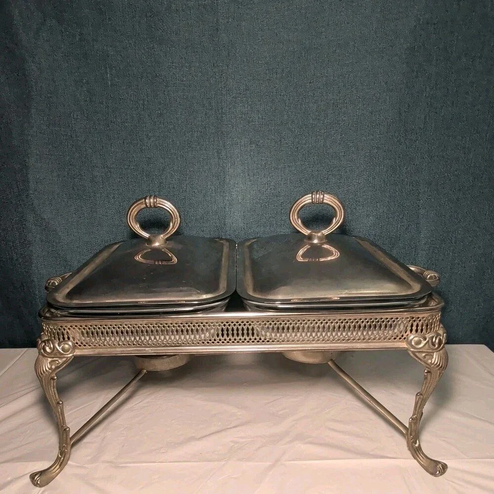 Silver Plated Double Chafer 8 Qt Buffet Server 2 Marinex Glass Pans Lion Feet